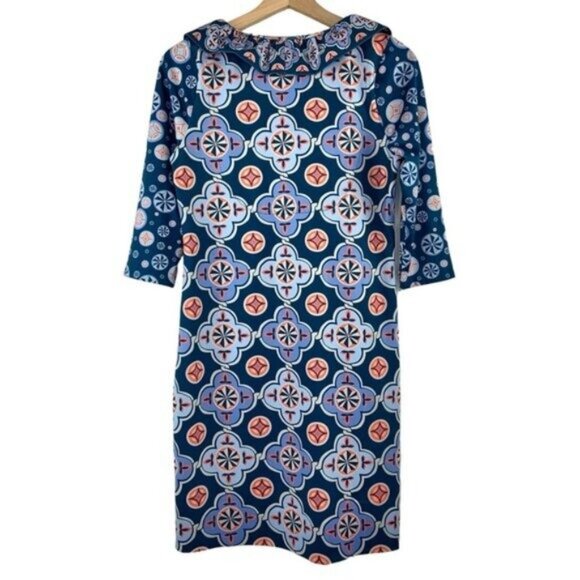 Gretchen Scott Jersey Ruffneck Blue Sundial Geometric Dress with Ruffle Collar - Picture 5 of 6